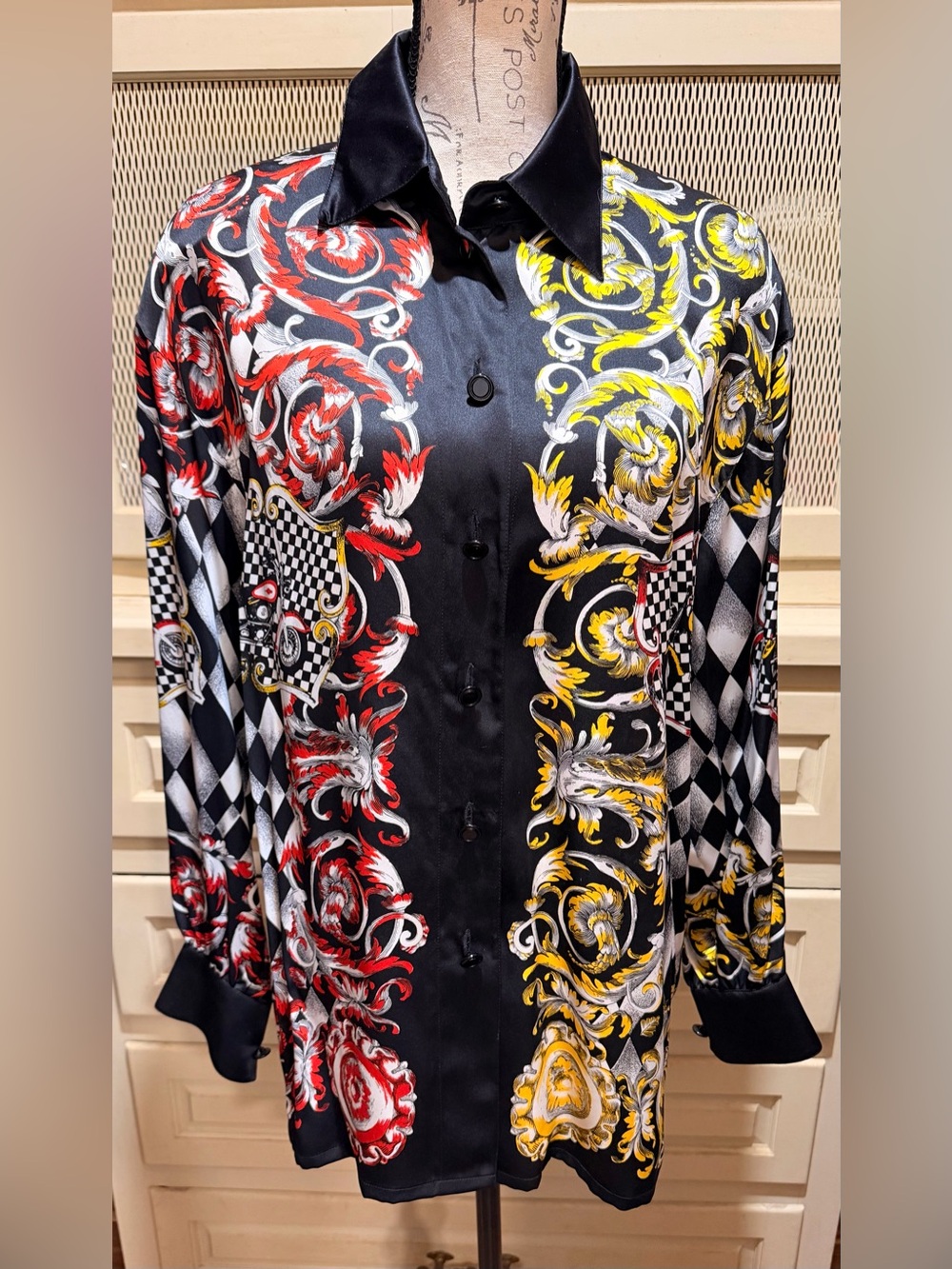 VTG Escada Margaretha Ley Silk Baroque Harlequin Motorcycle Print Blouse